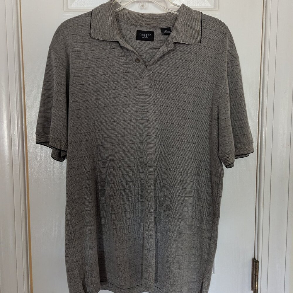 Haggar Men Shirt Short-sleeve Knit Button Neck Pullover Light Grey Pattern,  S